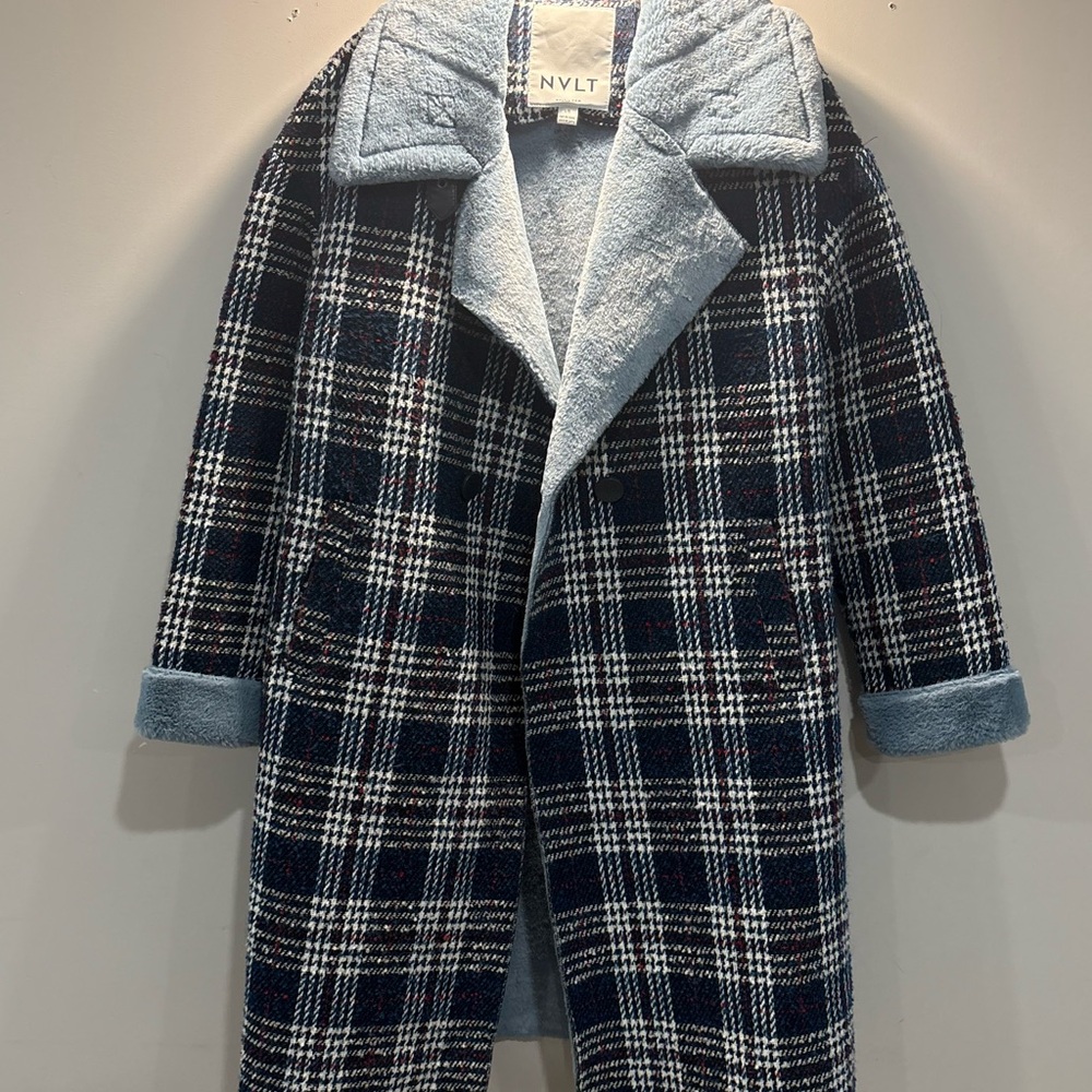 NVLT Women's Plaid Pea Coat in Blue and White